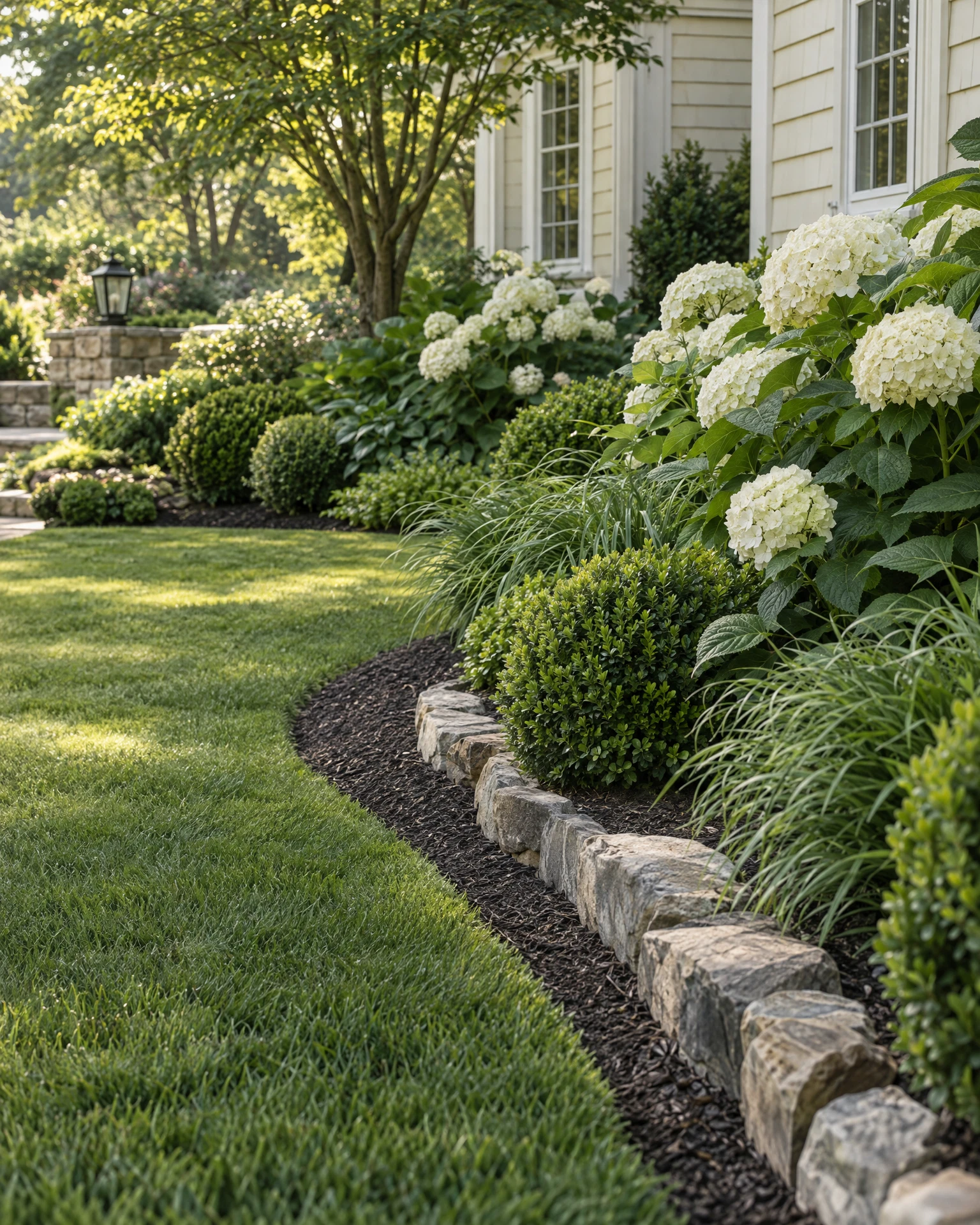 Illustrative garden with hydrangeas, trimmed shrubs, and a neat lawn border
